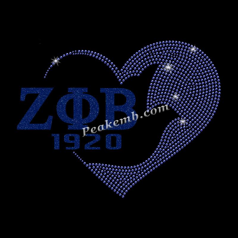 vinyl 1920 Zeta Phi Beta (ΖΦΒ) letters w/ rhinestone heart design iron ...